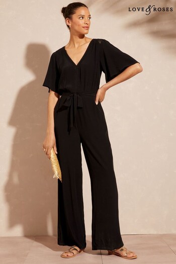 A-Z Girls Brands Black Flutter Sleeve Lace Trim Belted Wide Leg Jumpsuit (K60247) | £48