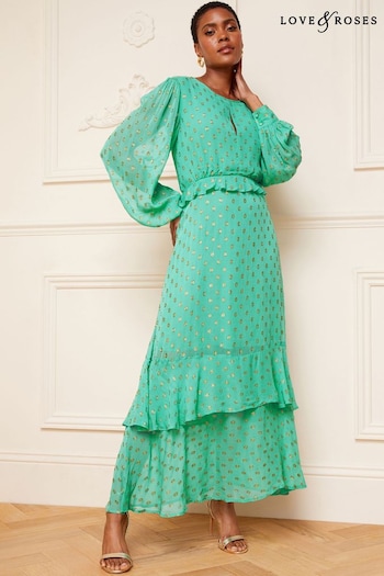 button front dress Green Metallic Long Sleeve Key Hole Front Ruffle Detail Midi Dress (K60255) | £68