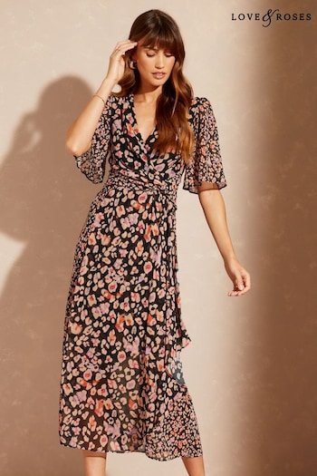 New: Laura Ashley Black Animal Printed Twist Side Short Sleeve Midi Dress (K60276) | £65