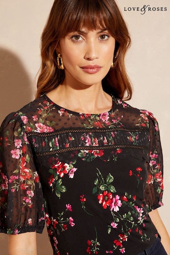 Chocolate & Sweets Black Floral Scallop Dobby Yoke Round Neck Short Sleeve Jersey Top (K60298) | £32