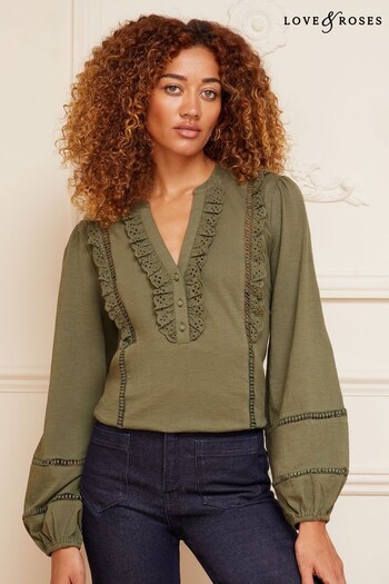All Girls New In Khaki Green Broderie Trim V Neck Jersey Long Puff Sleeve Blouse (K60300) | £34