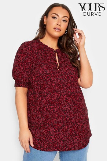 Yours Curve Red Tie Neck Short Sleeve Blouse (K60366) | £25