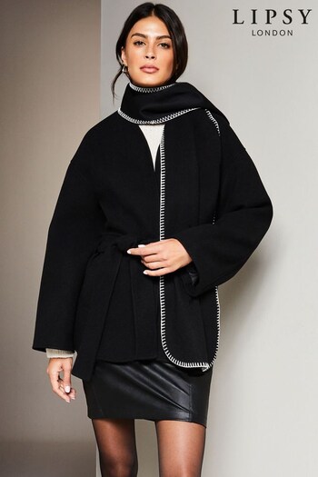 Lipsy Black White 2 in 1 Scarf Style Belted Pocketed Coat (K60414) | £75