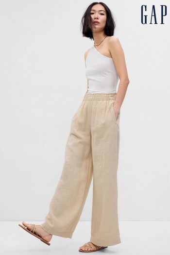 Gap Beige Crinkle Gauze Wide Leg Cotton Trousers (K60496) | £45