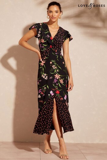 Love & Roses Black Printed Twist Front V Neck Flutter Sleeve Midi Summer Dress (K60524) | £52