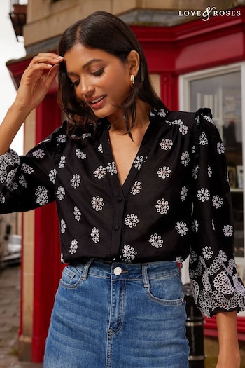 Love & Roses Black and White Ruffle V Neck Contrast Broderie Button Up 3/4 Sleeve Blouse (K60535) | £38