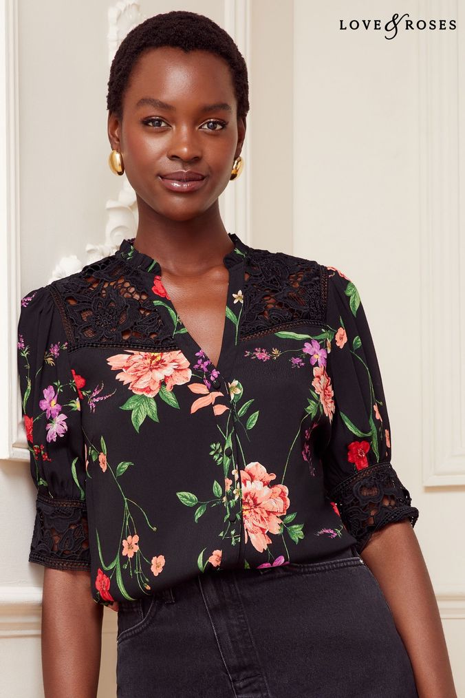 Love & Roses Black Floral Printed Lace Yoke V Neck Short Sleeve Blouse (K60537) | £38