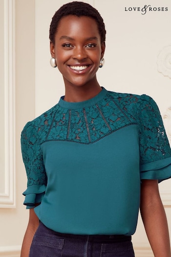 Beauty & Grooming Teal Lace Mix Yoke High Neck Ruffle Sleeve Top (K60541) | £38