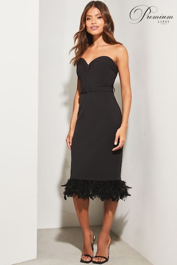 Lipsy Black Premium Sweetheart Detachable Feather Hem Midi Dress (K60602) | £130