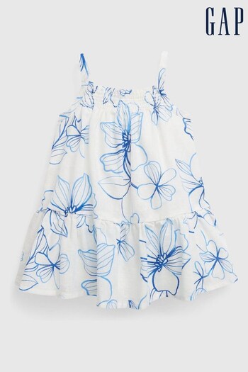 Gap White/Blue Floral Linen-Cotton Smock Tiered Dress - Baby (K60640) | £25