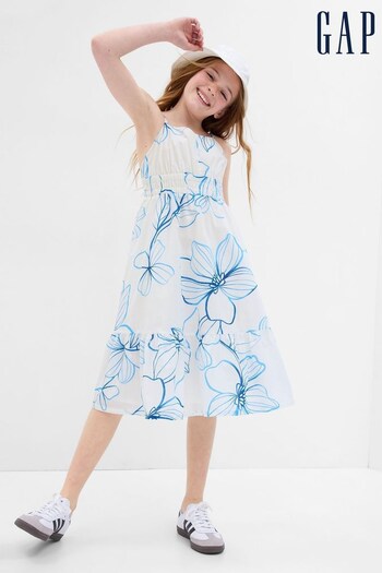 Gap White/Blue Floral Linen-Cotton Smock Tiered Dress (K60729) | £35