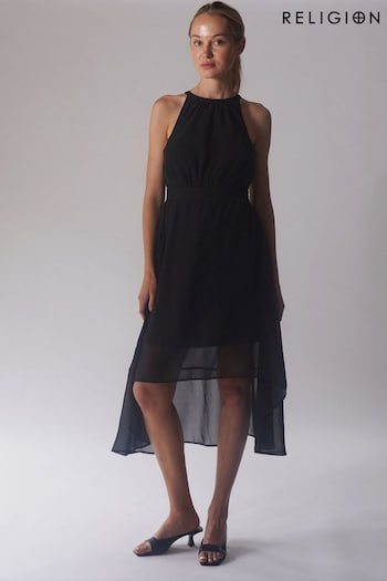 Religion Black High Low Halter Neck Sleeveless Merdian Dress (K60810) | £78