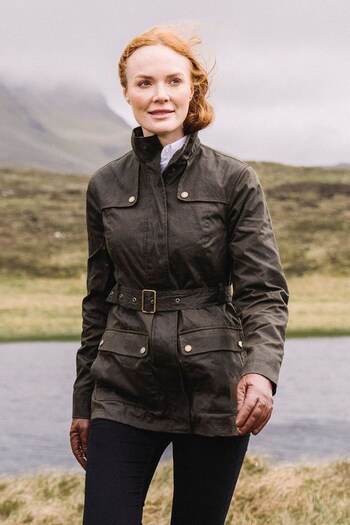 Hinter + Hobart Khaki Green Glencoe Womens Waxed Belted Jacket (K61001) | £170