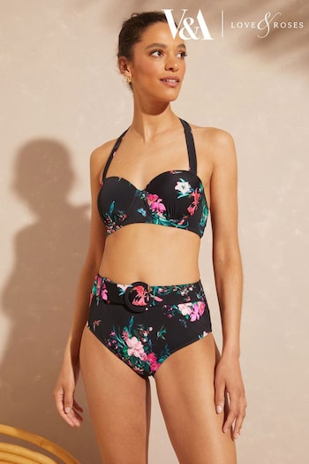 V&A | Sun Safe Swimwear Black Floral High Waist Ring Detail Bikini Bottom (K61046) | £22