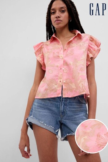 Gap Pink Floral Ruffle Sleeve Cropped Shirt (K61074) | £35