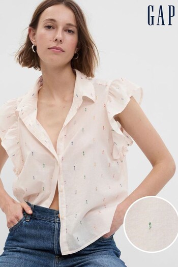 Gap Cream Floral Ruffle Sleeve Cropped Shirt (K61075) | £35