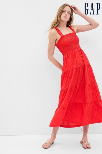 Gap Red Smocked Tiered Midi Dress (K61082) | £65