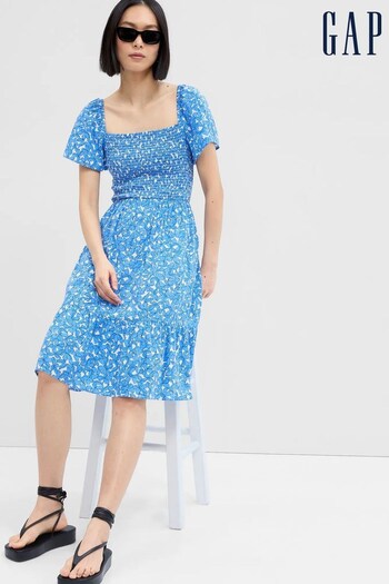Gap Blue Smocked Squareneck Midi Dress (K61099) | £50