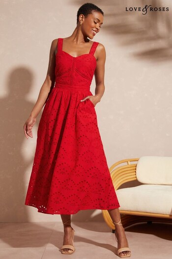 Coats & Pramsuits Red Petite Broderie Fit And Flare Cami Midi Dress (K61198) | £62