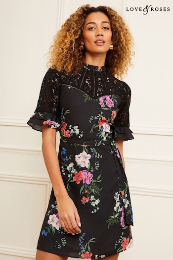 Mother of the Bride Black Floral Petite Lace Mix Yoke High Neck Tier Short Sleeve Belted Mini Dress (K61217) | £56