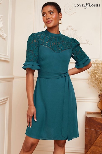 Mother of the Bride Teal Lace Mix Yoke High Neck Tier Short Sleeve Belted Mini Dress (K61218) | £54