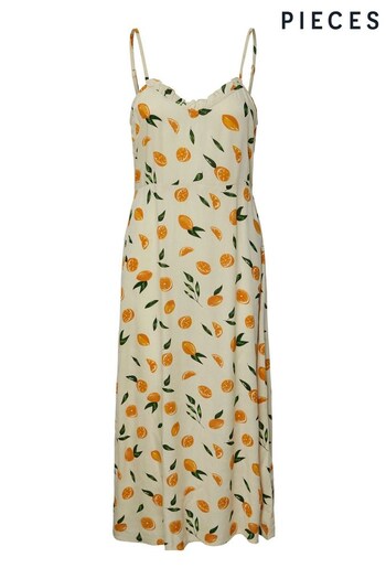 PIECES Cream Lemon Print Floral Print Dress (K61242) | £32