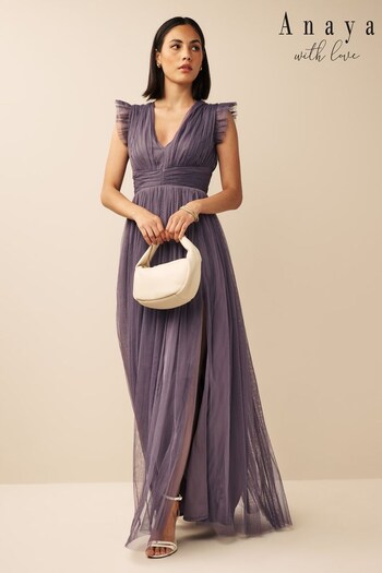Anaya With Love Purple Plunge Neck Tulle Maxi Dress With Thigh Split (K61249) | £75