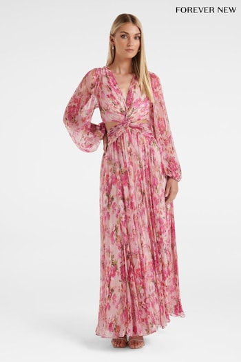 Forever New Pink Multi Ally Long Sleeve Plisse Twist Maxi Dress (K61283) | £115