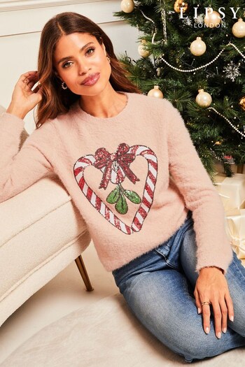 Lipsy Pink Candy Cane Cosy Christmas Festive Sequin Jumper (K61366) | £34