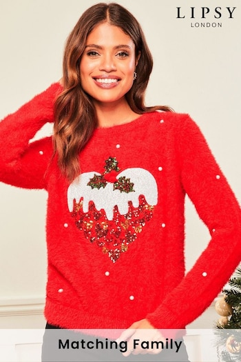 Lipsy Red Pudding Cosy Christmas Festive Sequin Jumper (K61376) | £35
