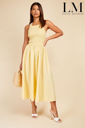 Little Mistress Yellow Butter Shirred Midaxi Dress (K61392) | £79