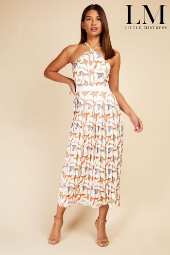 Little Mistress White Multi Print Halter Neck Pleat Midaxi Dress (K61395) | £79