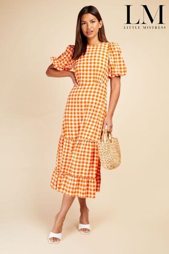 Little Mistress Orange Puff Sleeve Gingham Midaxi Dress (K61398) | £69