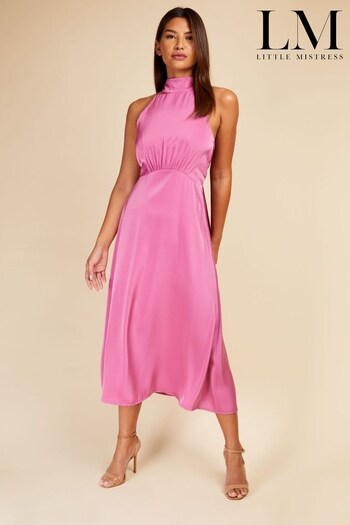 Little Mistress Fuchsia Pink High Neck Satin Midaxi Dress (K61403) | £65