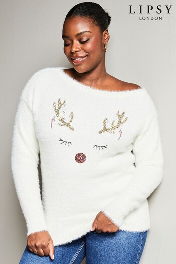 Lipsy Ivory White Reindeer Curve Cosy t-shirts Festive Off The Shoulder Jumper (K61419) | £34