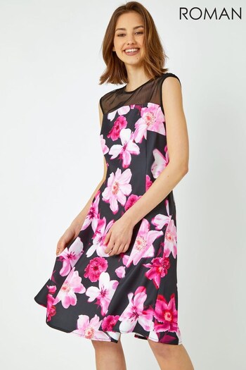 Roman Pink & Black Premium Stretch Floral Mesh Dress (K61428) | £45