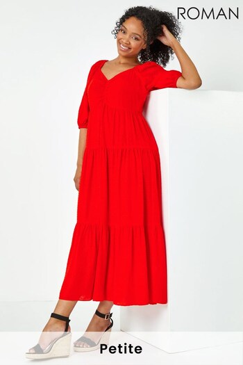 Roman Red Petite Textured Spot Tiered Midi Dress (K61436) | £45