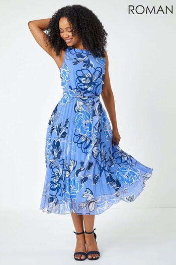 Roman Blue Petite Floral Print Pleated Midi Dress (K61441) | £65