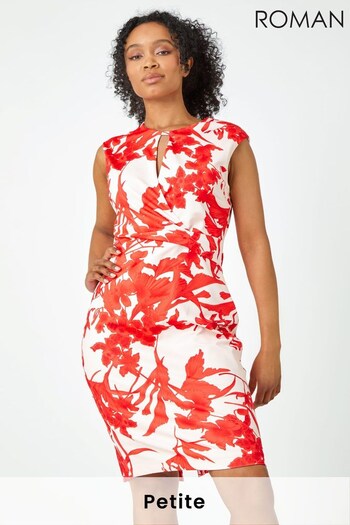 Roman Orange & White Petite Premium Stretch Floral Twist Dress (K61443) | £55