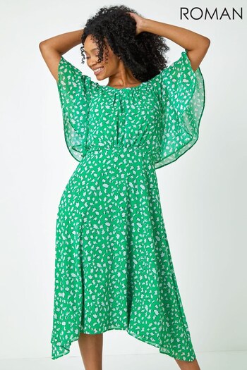 Roman Green Petite Floral Print Chiffon Midi Dress (K61457) | £55