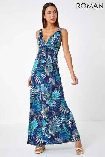Roman Blue Sleeveless Floral Print Maxi Dress (K61480) | £38