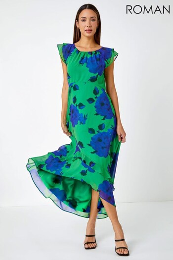 Roman Green & Blue Floral Print Frill Detail Midi Dress (K61484) | £58