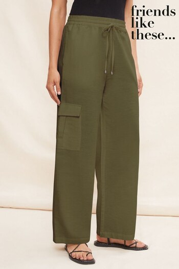 Friends Like These Khaki Green Linen Look Cargo Pocket Wide Leg Trousers (K61494) | £26