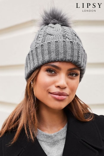 Lipsy Charcol Grey Cosy Knit Faux Fur Bobble Hat (K61510) | £10