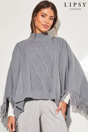 Lipsy Grey Super Soft Cosy Roll Neck Cable Knit Poncho (K61526) | £32