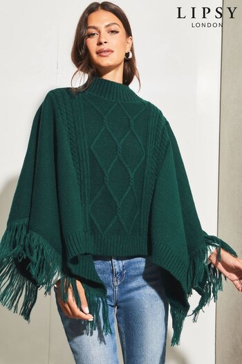 Lipsy Green Super Soft Cosy Roll Neck Cable Knit Poncho (K61528) | £32