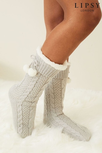 Lipsy Grey Chunky Cosy Cable Knitted Slipper Socks (K61887) | £16