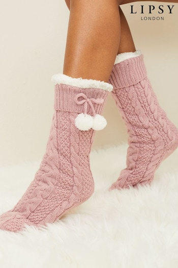 Lipsy Pink Chunky Cosy Cable Knitted Slipper Socks (K61889) | £16