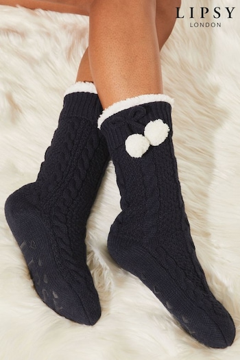 Lipsy Navy Blue Chunky Cosy Cable Knitted Slipper Socks (K61890) | £16