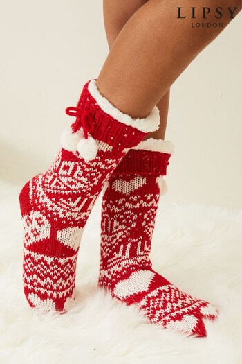 Lipsy Red Chunky Cosy Cable Knitted Slipper Socks (K61898) | £16